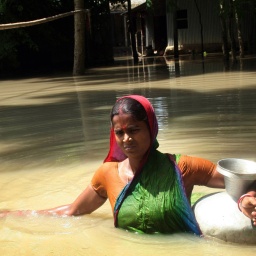Frauen in der Klimakrise: Nach einer Flut in Bangladesch watet eine Frau durch brusthohes Wasser