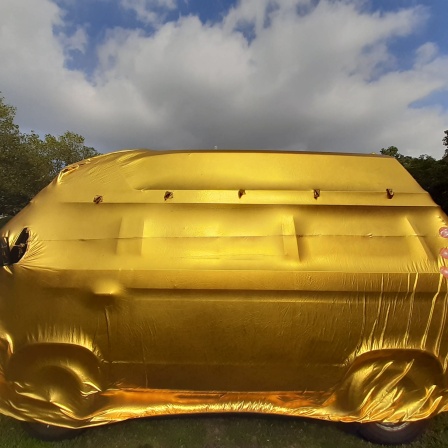 Mit einer goldfarbenen Folie verhüllter VW Bus