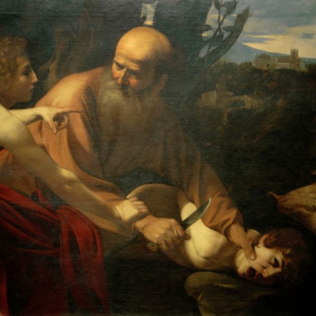 Die Opferung Isaaks, Gemälde von Caravaggio (um 1601/1602). Der Engel hindert Abraham daran, Isaak zu opfern.