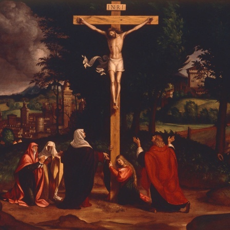 Christus am Kreuz mit Maria, Johannes, Maria Magdalena und den Frauen. Gemälde von Andrea Previtali (um 1470/80 - 1528)