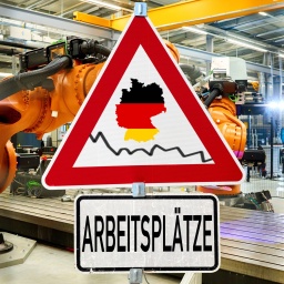 Warnschild mit Deutschlandkarte und Aufschrift "Arbeitsplätze"