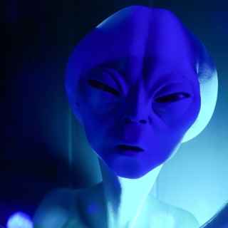 Das Modell eines Aliens mit kahlem Kopf und schmalen Augen.
