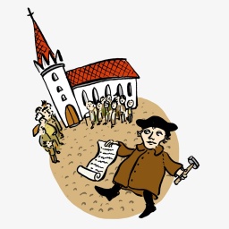 Zeichnung zeigt Martin Luther mit einem Schriftstück und einem Hammer in den Händen vor einer Kirche