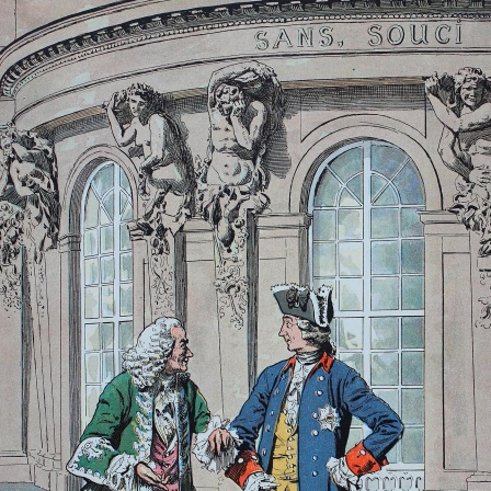 Zeichnung: Friedrich II. (der Große) mit Voltaire vor dem Schloss Sanssouci