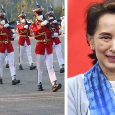 Militärparade in Myanmar am 04.01.2021 / Aung Sang Suu Kyi (Collage)