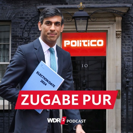 Satirische Fotomontage: Englands Premier Rishi Sunak steht vor der Downing Street Nr. 10, über der Tür leuchtet die Reklame "Politico" im Stil eines Wettbüros