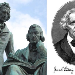Collage: Ein Denkmal von Jakob Grimm, ein Doppel-Denkmal für Jakob und Wilhelm Grimm und eine Zeichnung mit einer Unterschrift von Jakob Grimm.