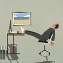 Illustration: Ein erschöpfter Mann legt im Büro seine Füße auf den Tisch, davor stehen Akten auf dem Boden.