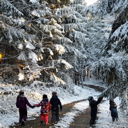 Fünf Kinder aus der Waldkita laufen durch den verschneiten Wald