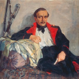 Bildnis des Dichters Michail Lermontow. Gemälde, 1941, von Nikolaj Pawlowitsch Uljanow (1875-1949), Öl auf Leinwand, Moskau, Staatliches Museum für Literatur.