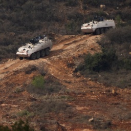 Ein Konvoi gepanzerter Fahrzeuge der Friedenstruppen der Vereinten Nationen im Libanon (UNIFIL) fährt von Nordisrael aus gesehen auf ein Gebiet entlang der israelisch-libanesischen Grenze. 