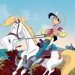 Die Comicfigur Lucky Luke auf seinem Pferd Rantanplan