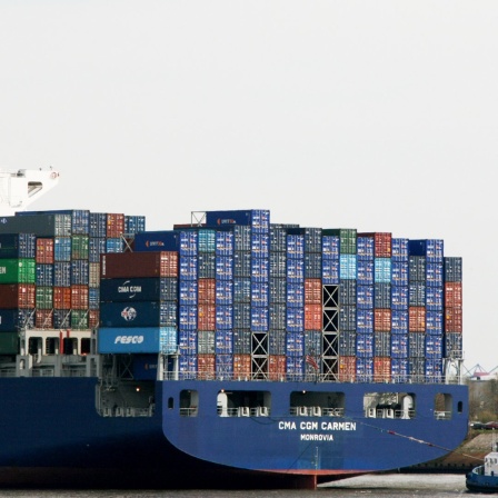 Ein Containerschiff auf der Elbe. 