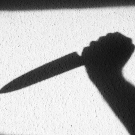 Foto eines Wandschattens von einer Hand mit Messer.