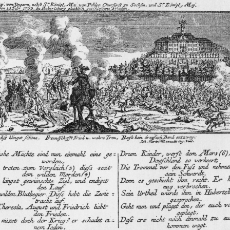Symbolische Darstellung des Hubertusburger Friedens vom 15. Februar 1763 zwischen Preußen, Österreich und Sachsen (zeitgenösssischer Kupferstich von Johann Martin Will)