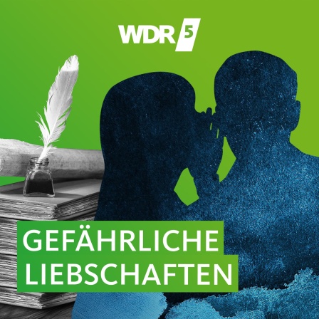 Umrisse einer Frau, die einem Mann etwas ins Ohr flüstert, dahinter ein großes Tintenfass mit Schreibfeder