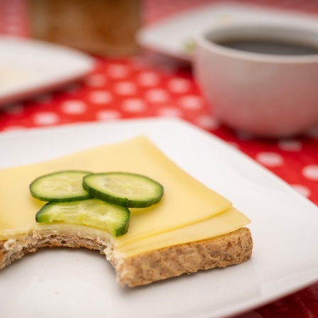 Frühstücksritual: Ein Toastbrot mit Käse und drei Gurkenscheiben liegt auf einem Teller - im Hintergrund steht eine Tasse Kaffee.