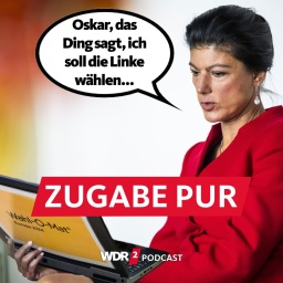 Satirische Fotomontage: Sahra Wagenknecht schaut auf einen Wahl-O-Mat Laptop und sagt: "Oskar, das Ding sagt, ich soll die Linke wählen!"
