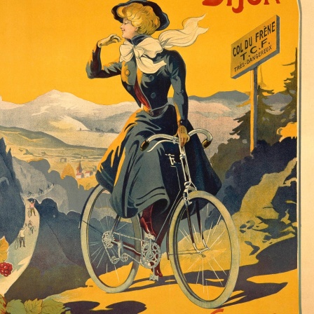 Radfahrerin in einer historischen Fahrradwerbung von 1900.