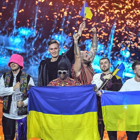 Die Gruppe "Kalush Orchestra" auf der ESC-Bühne in Turin.