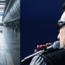 Links ein Foto einer U-Bahn-Station in Kyiv, rechts ein Foto des U2-Frontmanns Bono.