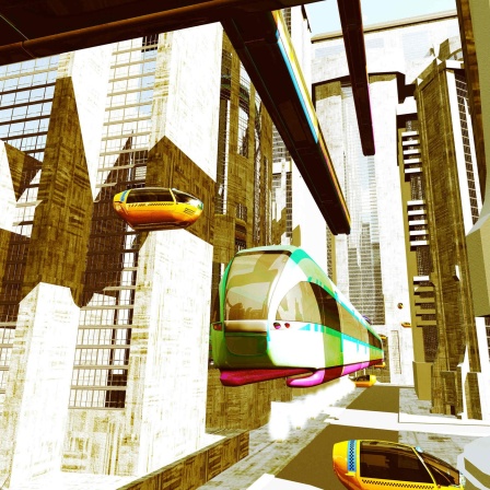 Graphik einer futuristischen Stadt.