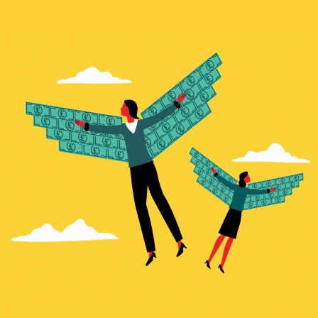 Illustration: Zwei Frauen fliegen mit Flügeln aus Banknoten in den Himmel.
