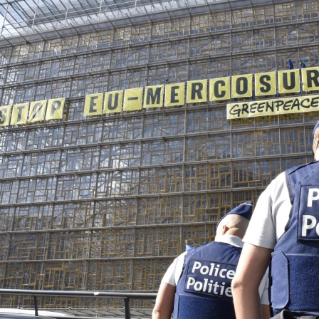 An einem Gebäude hängt ein langes gelbes Schild. Darauf steht in schwarzen Großbuchstaben: „Stop EU-Mercusor“. Darunter steht in kleinerer Schrift das Wort „Greenpeace“. 