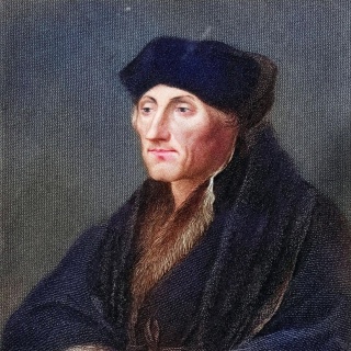 Eine digital restaurierte Reproduktion von einer Vorlage aus dem 19. Jahrhundert zeigt ein Porträt von Desiderius Erasmus von Rotterdam.