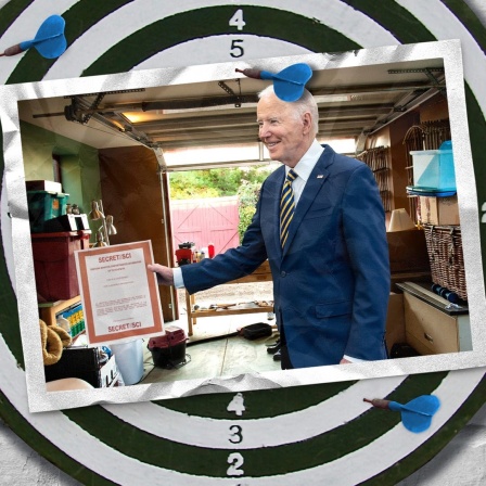 Eine Bildmontage zeigt US-Präsident Joe Biden mit einem geheimen Dokument in einer Garage.