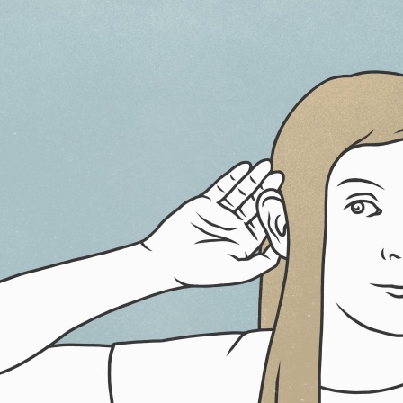 Illustration zeigt eine Frau die eine Hand an Ihr Ohr hält.