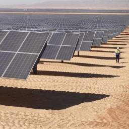 Arbeiter sind am Solarpark Benban in Ägypten unterwegs auf einer Landparzelle, an deren Entwicklung die deutsche Planungsfirma IB Vogt beteiligt war. Mit einer Fläche, die mehr als 50 Fußballfeldern entspricht, ist Benban inzwischen auf Satellitenfotos aus dem Weltall zu sehen.
