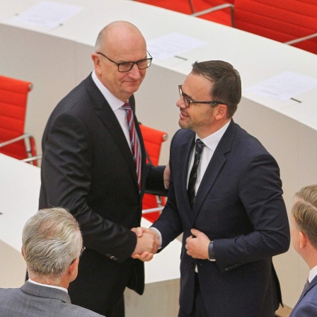 Dietmar Woidke und Jan Redmann geben sich im Brandenburger Landtag die Hand.