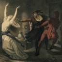 Gretchen im Kerker wird von Faust und Mephistopheles aufgesucht. Illustration, 1845/46, von Josef Fay. 