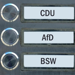 Klingelschilder mit den Parteien CDU, AfD und BSW