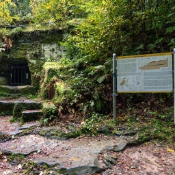 Ein Kupferbergwerk an der Eifel, mit grün überwachsen im Felsen