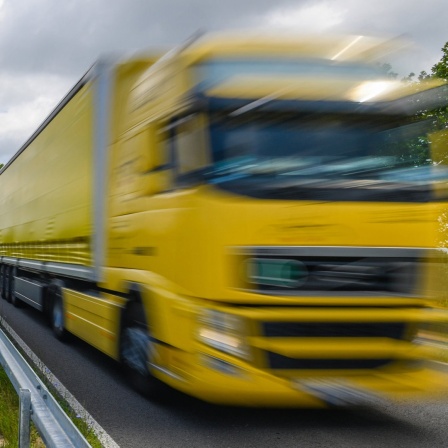 Ein Lkw fährt an einer Maut-Säule vorbei.