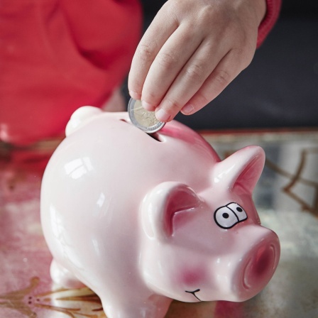 Eine Kinderhand steckt eine Euro-Münze in ein rosa Sparschwein