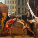"Les deux carrosses" (Die beiden Wagen) (Scaramouche und Harlequin im Streit; Szene aus der Komödie "La Foire St. Germain" von 1695) Gemälde von Claude Gillot. Öl auf Leinwand ca. 1707