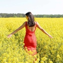 Eine Frau in einem roten Kleid geht durch ein gelb bühendes Feld