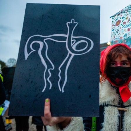 Eine Frau hält aus Solidarität mit polnischen Frauen ein Plakat mit einer darauf gezeichneten Gebärmutter während des Protests gegen das Abtreibungsverbot in Den Haag