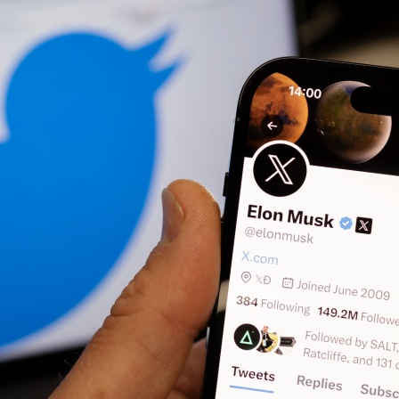 Smartphone zeigt X-Account von Elon Musk, im Hintergrund ist der Twittervogel zu sehen