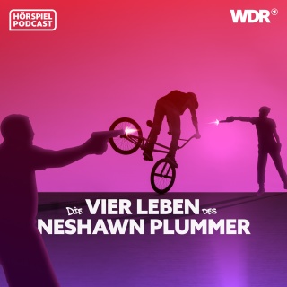 Illustration zum Hörspiel: Die 4 Leben des NeShawn Plummer: Es sind Silhouetten zu sehen, von einem Jungen der Fahrrad fährt und von zwei Personen, die Pistolen abfeuern.