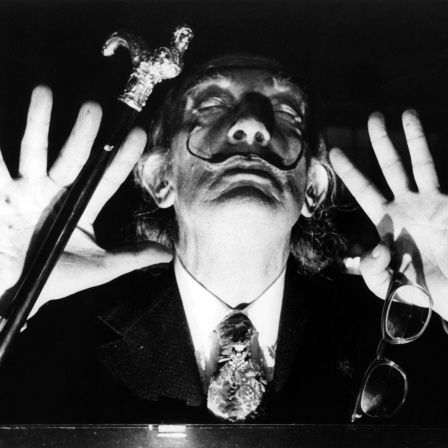Der spanische Künstler Salvador Dali in bizarrer Pose bei einer Pressekonferenz in Paris am 21.05.1973. 
