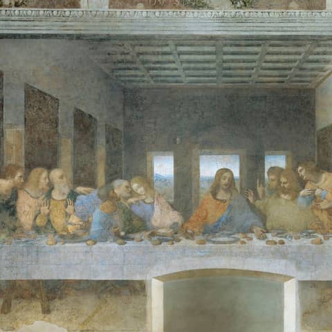 "Das letzte Abendmahl" von Leonardo da Vinci, Wandgemälde (460 x 880 cm), Mailand, Kloster S. Maria della Grazie, Aufnahme nach der Restaurierung