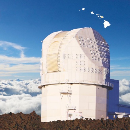 Das Sonnenteleskop DKIST auf dem Berg Halekala der Hawaii-Insel Maui (oben rechts in der Grafik markiert).