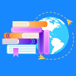 Ein Stapel Bücher steht vor einem Globus um den Papierflugzeuge fliegen. (Illustration)