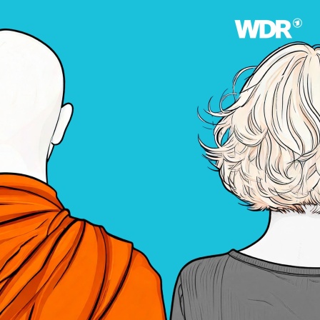 Illustration: 2 Personen nebeneinander, die linke Person ist als Buddhist verkleidet.