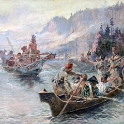 Das Gemälde zeigt die Forscher Lewis und Clark auf Booten zusammen mit der indigenen Bevölkerung bei der ersten Expedition 1804 bis 1806 zur Pazifikküste der USA.