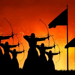 Silhouette einer Gruppe von Kämpfern zielt mit Pfeil und Bogen, im Hintergrund Feuer.